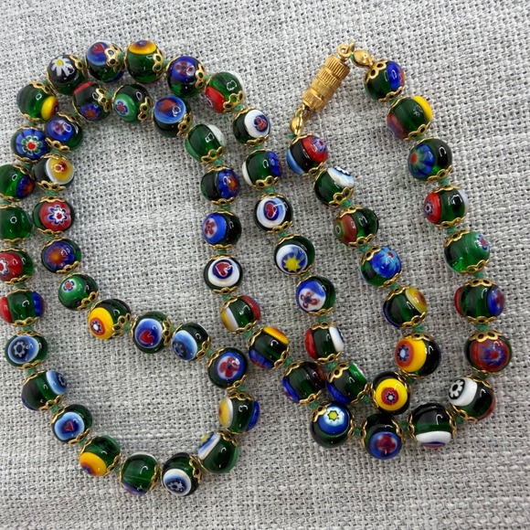Jewelry - Millefiori Murano Glass Knotted Italian Floral Beaded Necklace 24" VTG
